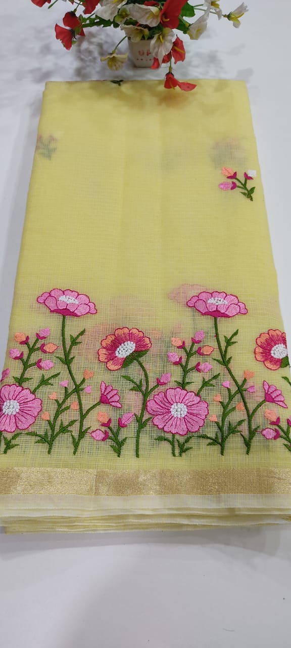 Elegant Embroidered Pink Flower Linen Saree | Embroidered Linen Saree By Rank Never Retire