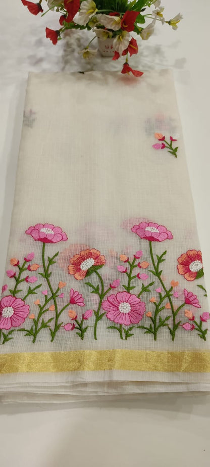 Elegant Embroidered Pink Flower Linen Saree | Embroidered Linen Saree By Rank Never Retire