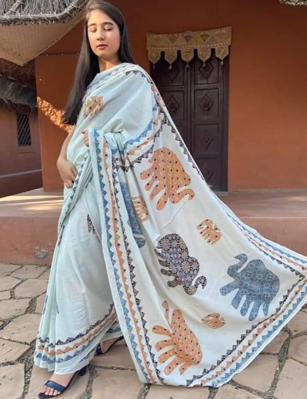 Applique work Saree on Mul Cotton