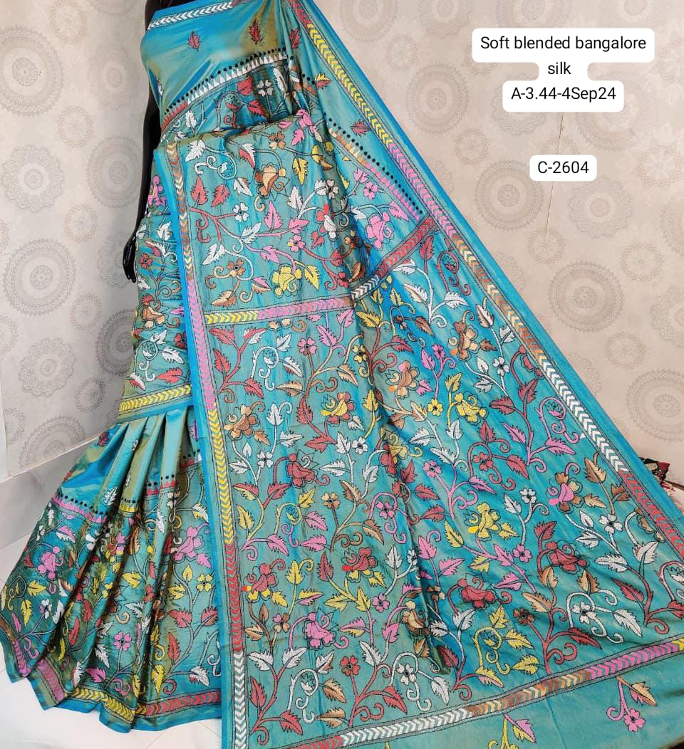 Full Kantha Stitch Saree on Blended Bangalore Silk