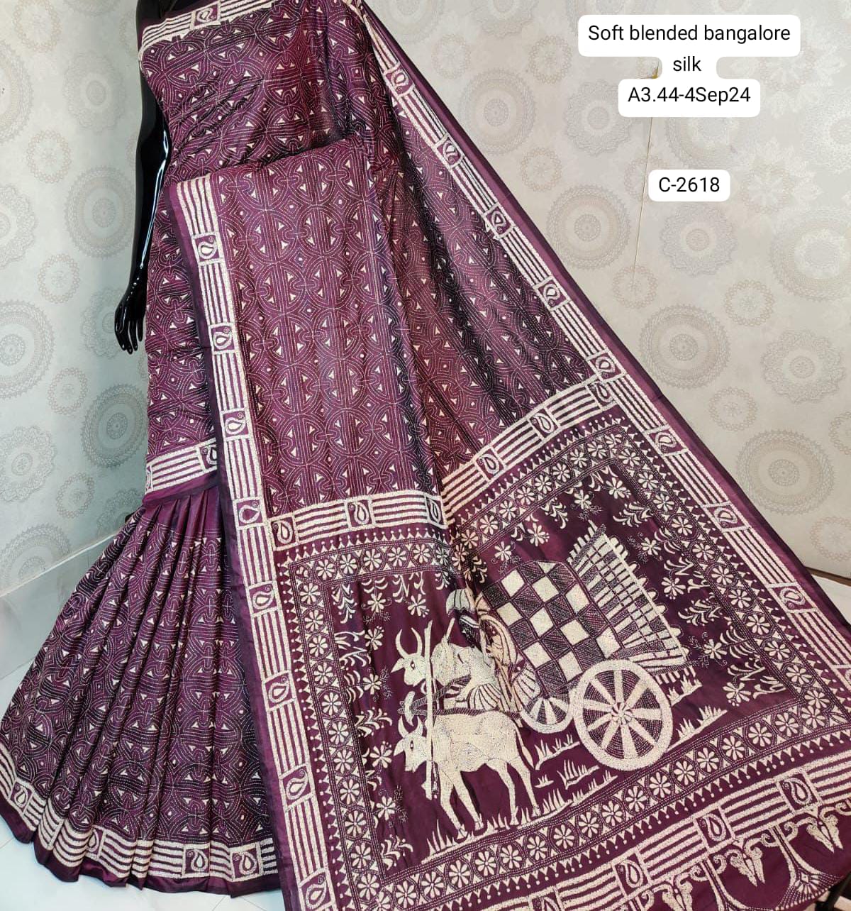 Full Kantha Stitch Saree on Blended Bangalore Silk