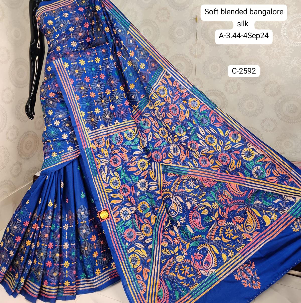 Full Kantha Stitch Saree on Blended Bangalore Silk