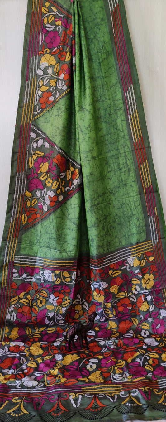 Batik print Kantha Bangalore Silk Saree