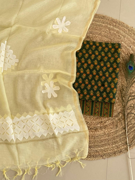 Cotton Ajrakh Print Suit with Kota Doriya Applique Dupatta