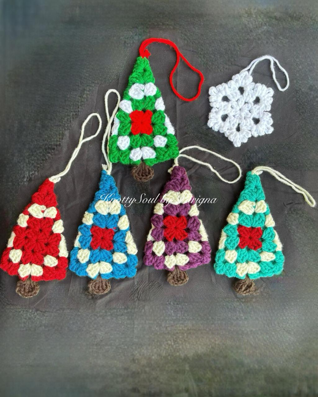 Handknitted Christmas Trees and Snowflakes