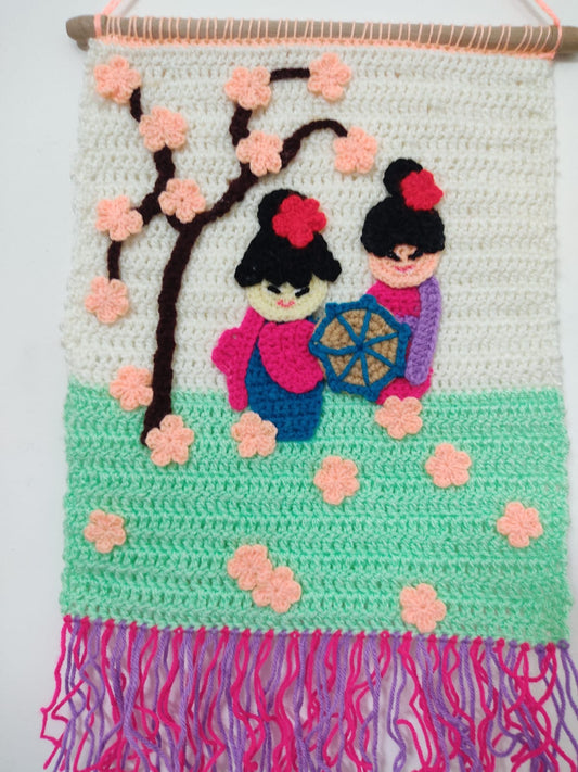 Japanese Dolls Woolen Knitted & Embroidery Wall Hanging By Rank Never Retire