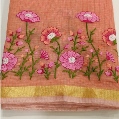 Elegant Embroidered Pink Flower Linen Saree | Embroidered Linen Saree By Rank Never Retires