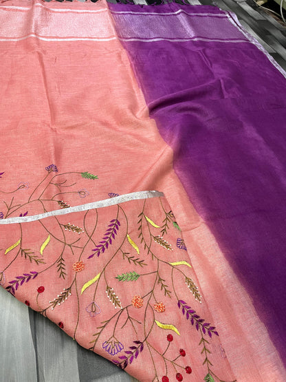 Floral Embroidered Linen Saree By Rank Never Retires