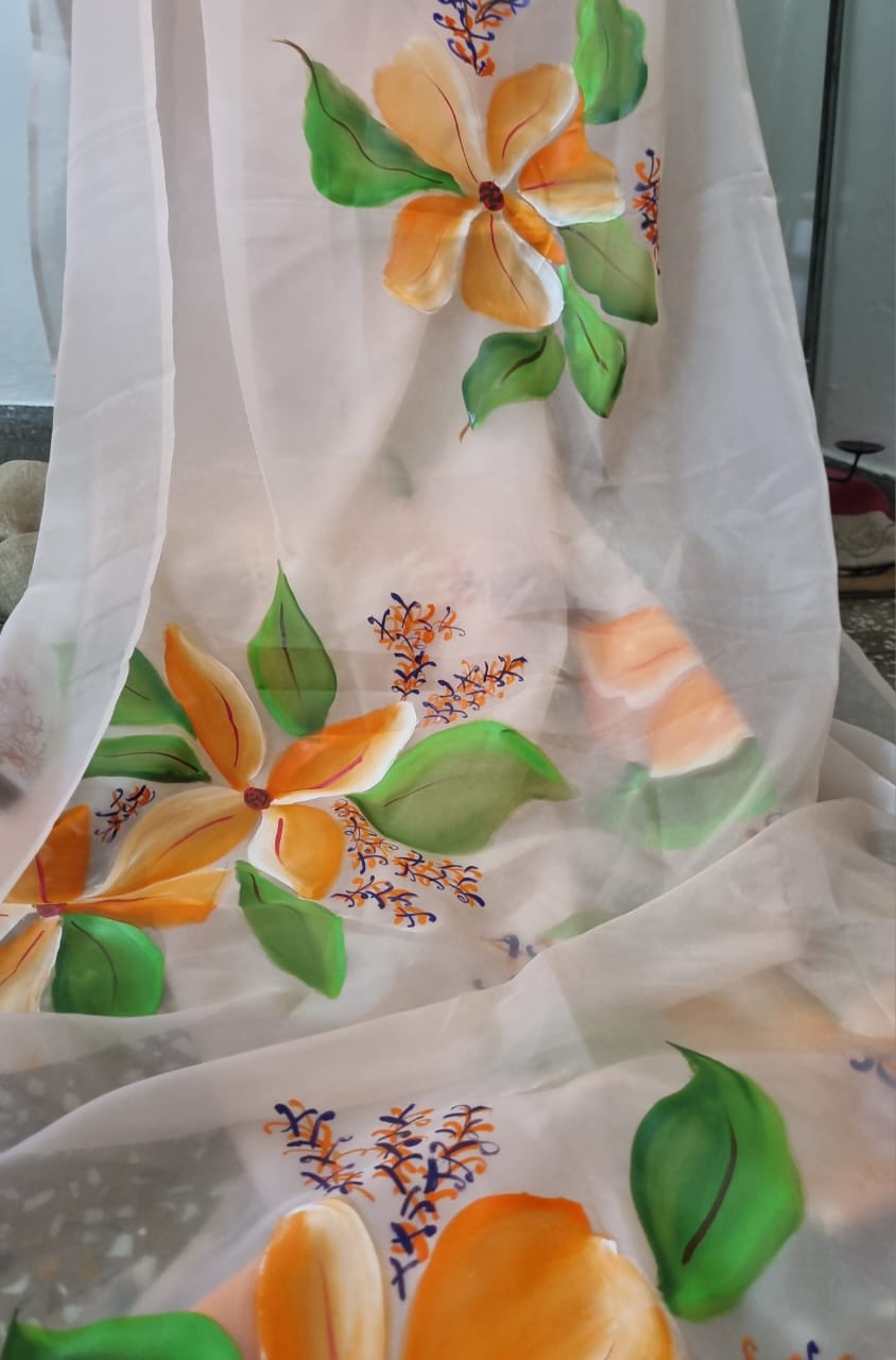 Organza Saree in Orange Flowers