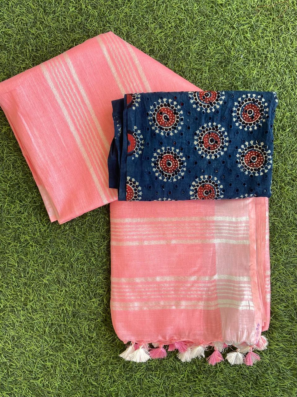 Pure Linen Saree With Block Print Blouse