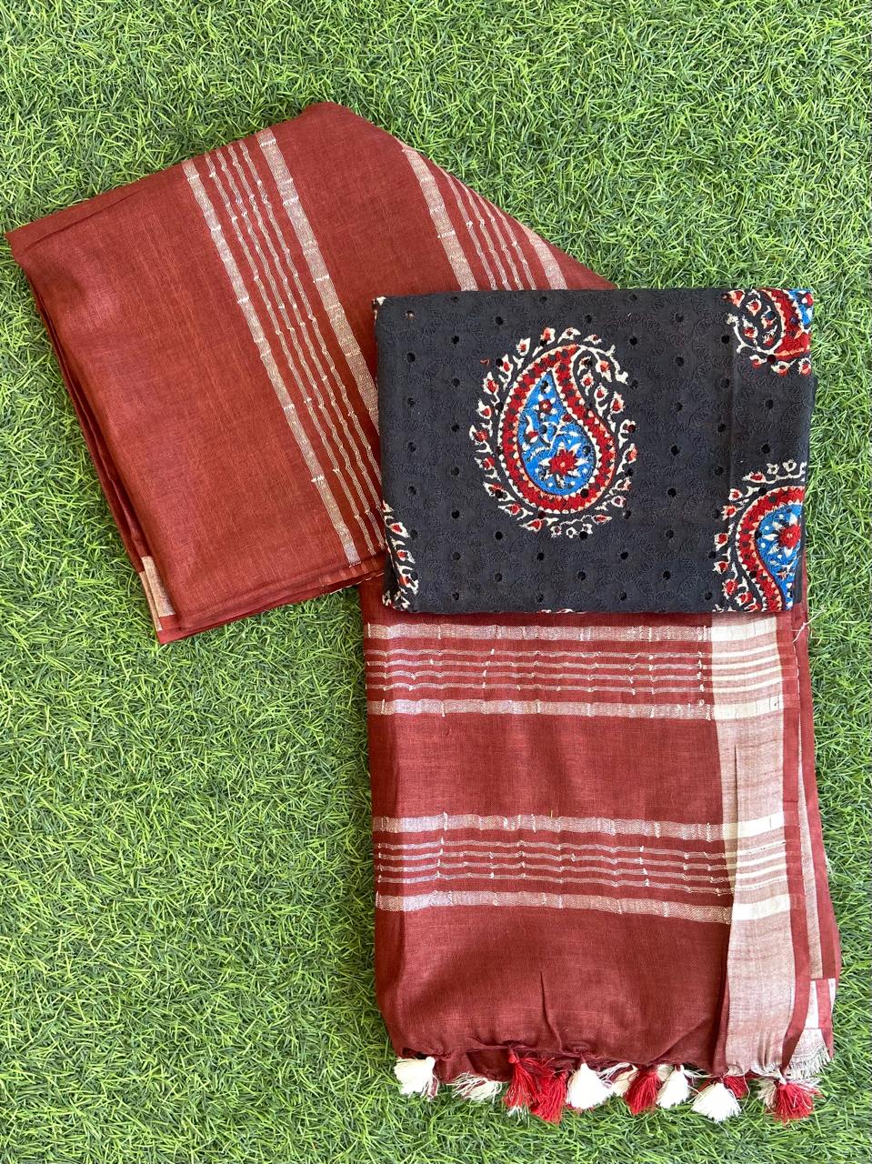 Pure Linen Saree With Block Print Blouse