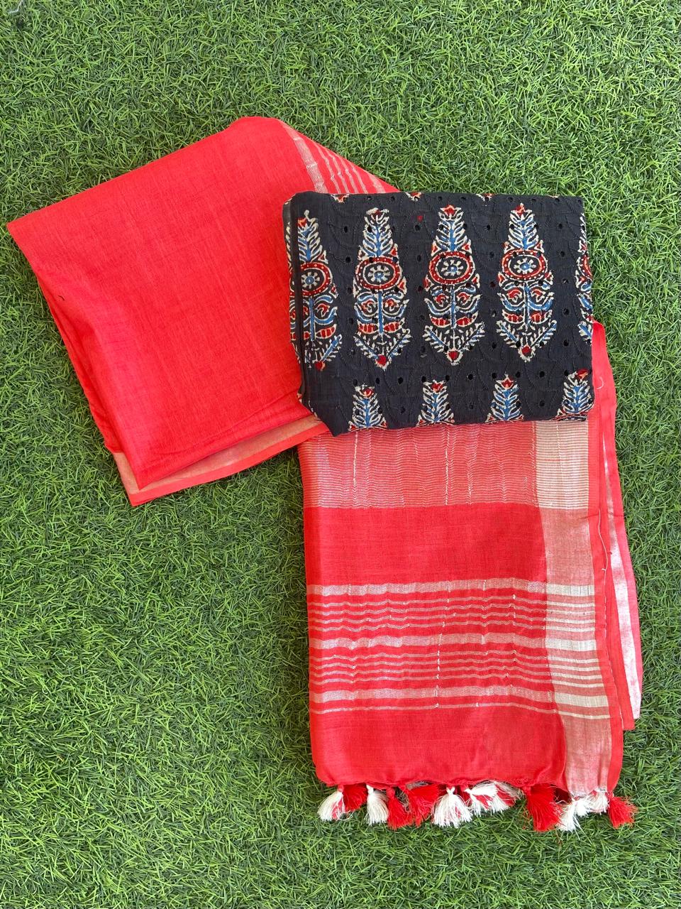 Pure Linen Saree With Block Print Blouse