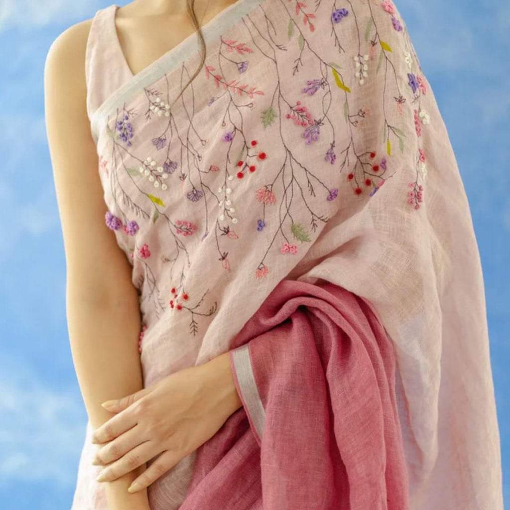 Floral Embroidered Linen Saree By Rank Never Retires