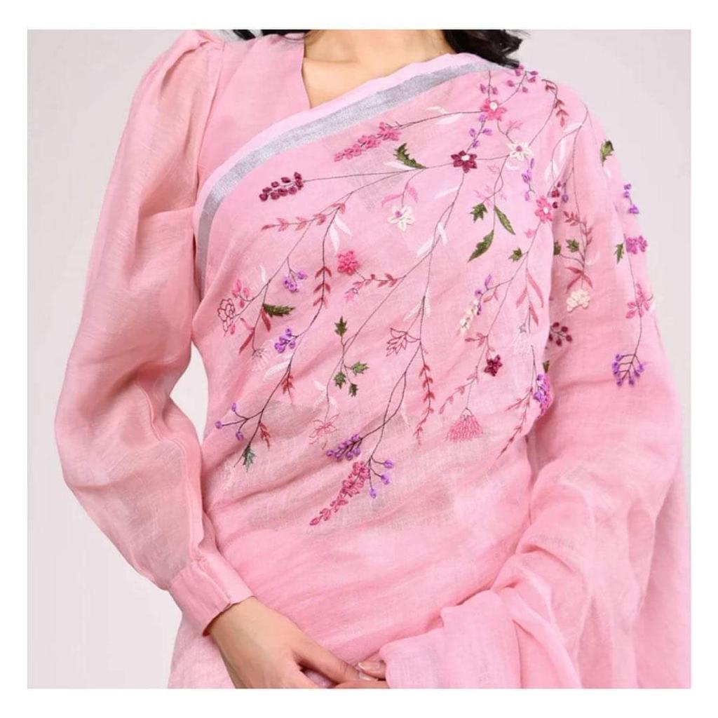 Floral Embroidered Saree | Linen Saree Collection By Rank Never Retires