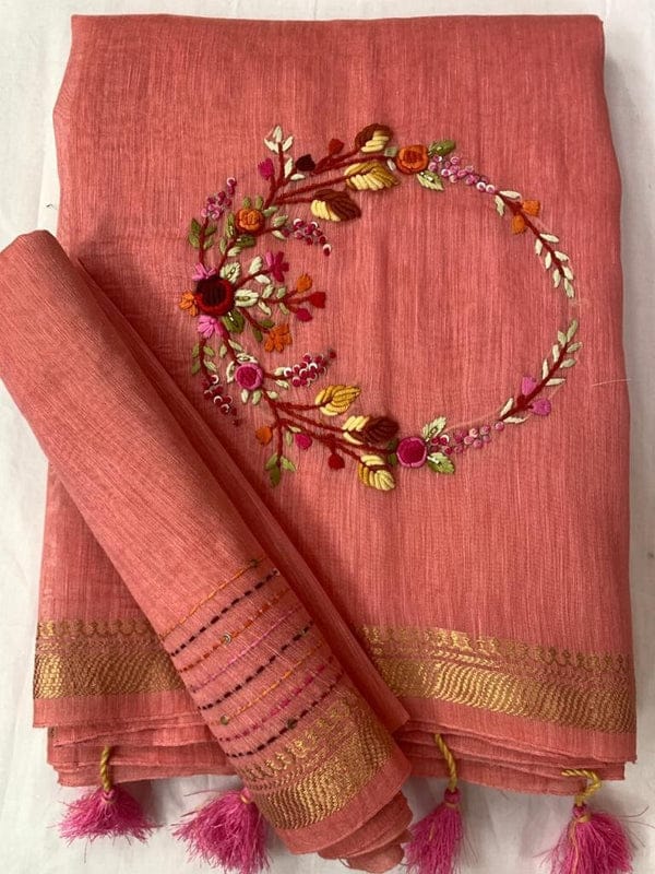 Silk Linen Hand Embroidery Saree By Rank Every Retires