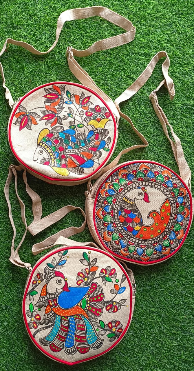 Handpainted round sling bags with Madhubani Art