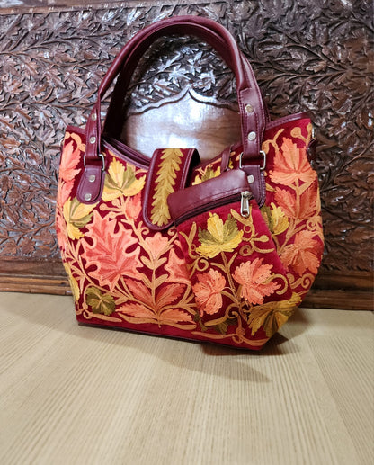 Kashmiri embroidered Leather Handbags with velvet