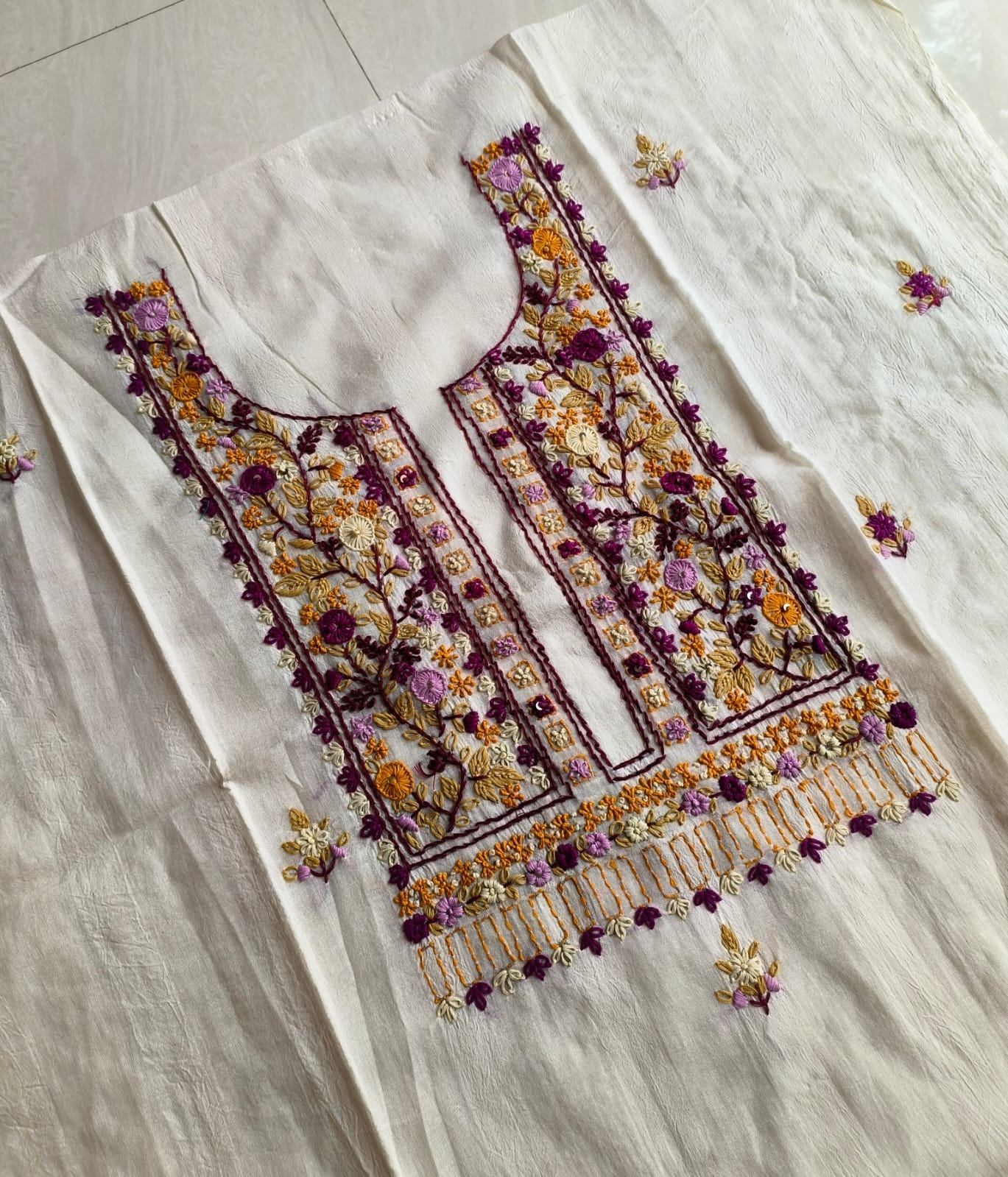 Handembroidered Cotton Kurti Piece with Hand Bullion work