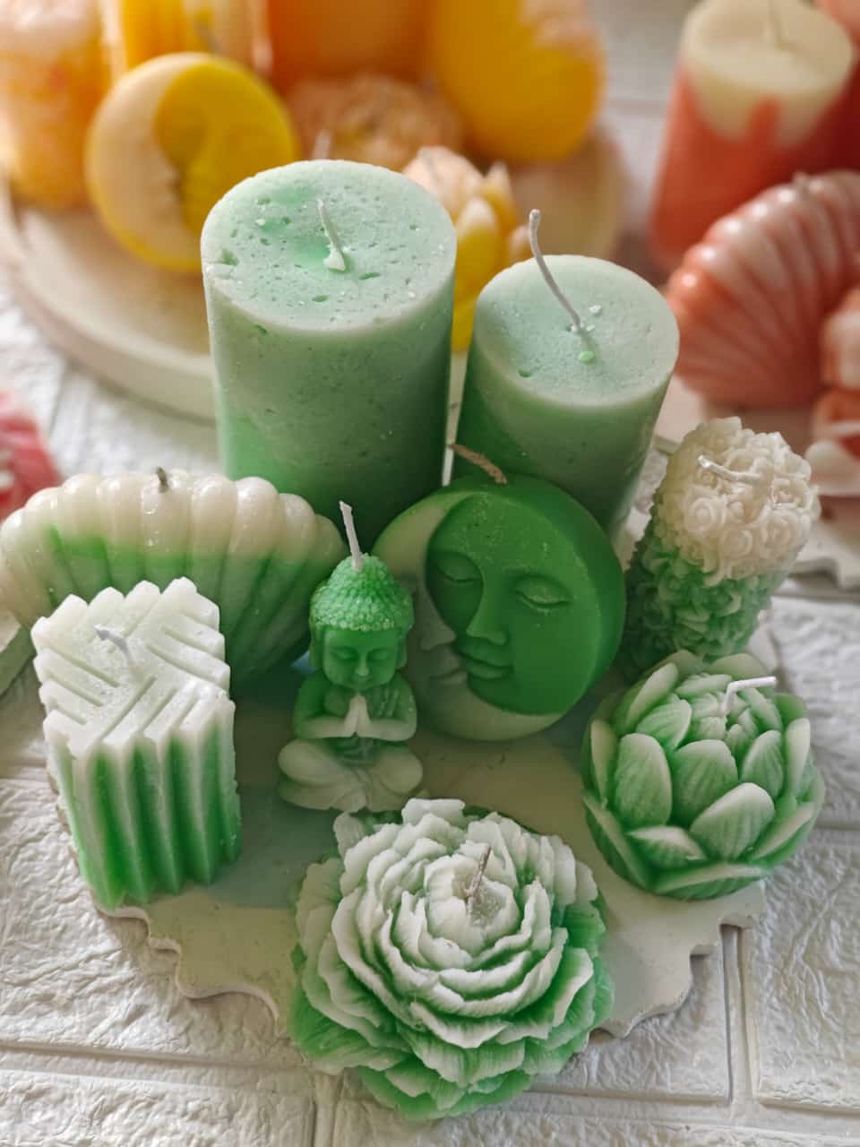 Set of 9 Green Handmade Candles