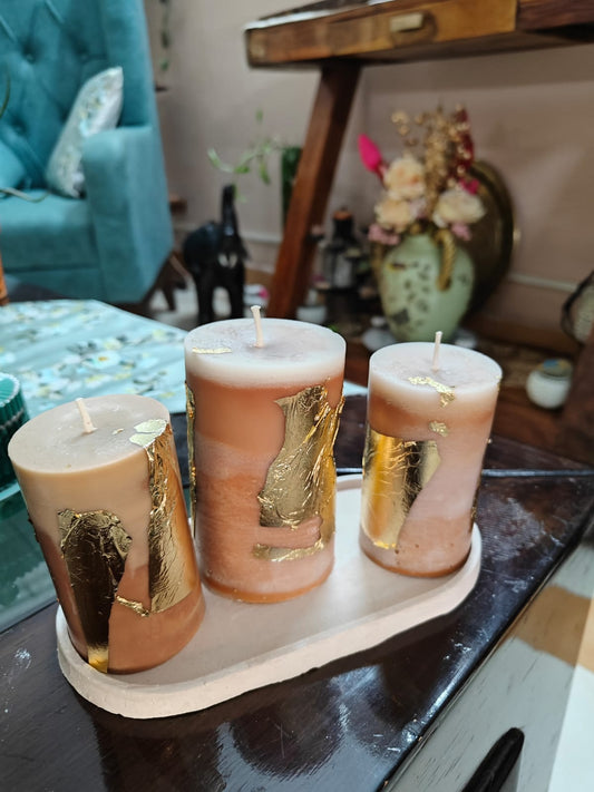 Set of three Gold/ Silver/ Bronze  Leaf Pillar Candle