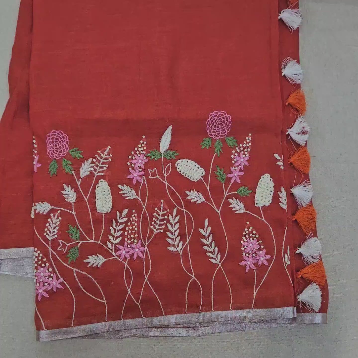 Pure Linen Handembroidered Saree Red Video