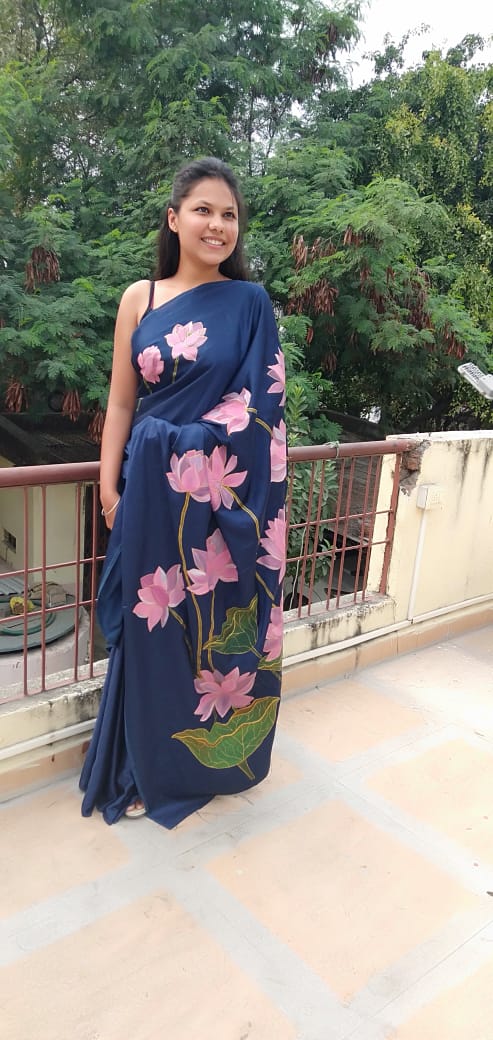 Navy Blue Handpainted Pure Satin Saree