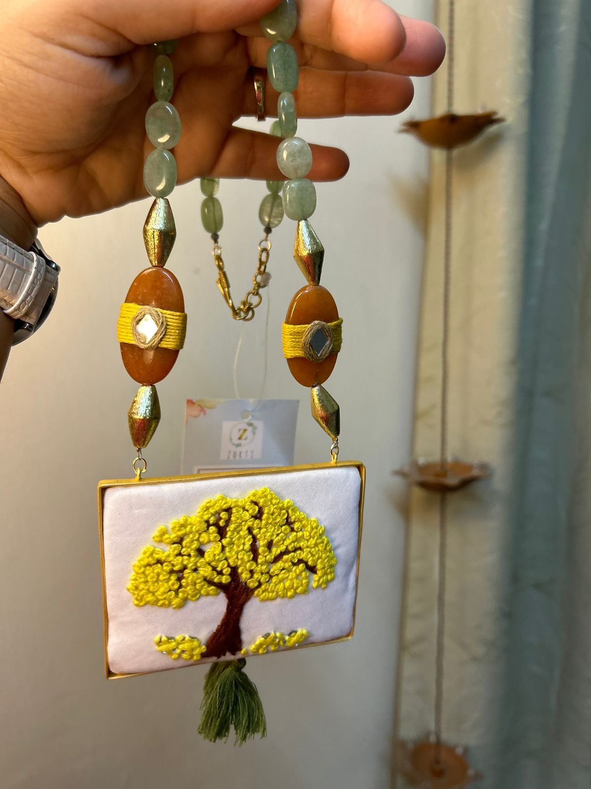 Hand Embroidered Necklaces - White and Yellow