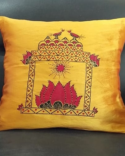 Artistic Hand Painted Cushion Cover - Yellow | Hand Painted Lotus Design Cushion Cover - Rank Never Retire