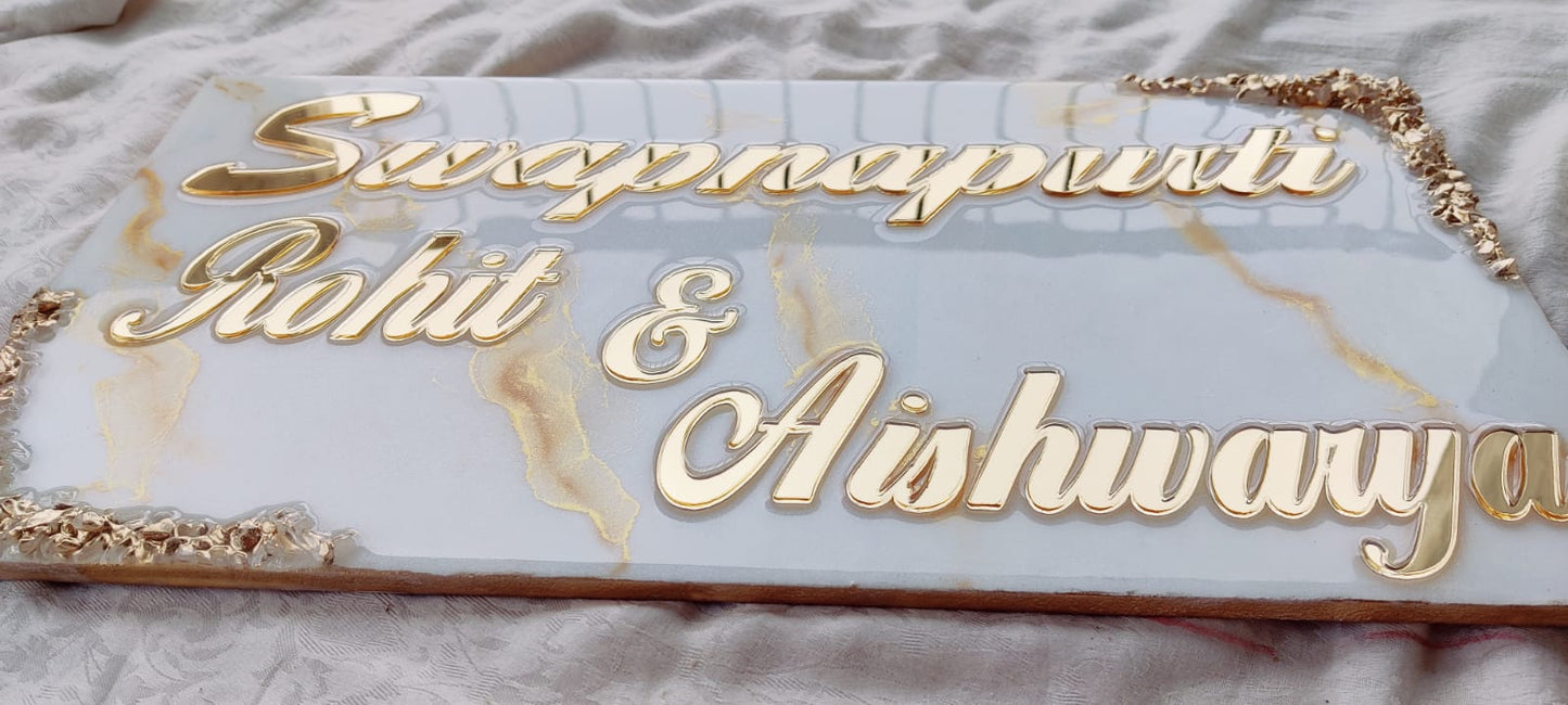Customizable Resin Art Name Plates - White with Gold, 18*9 inches