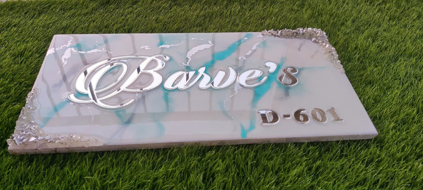 Customizable Resin Art Name Plates - White with Blue shades, 18*9